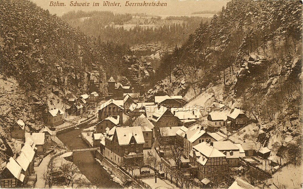České Švýcarsko v zimě. Hřensko
Böhm. Schweiz im Winter. Herrnskretschen

642 Kunstverlag Alfred Hartmann, Dresden-A.. Annenstr. 48 II
