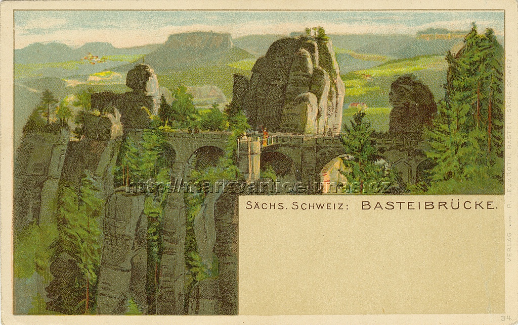 Basteibrücke. Saské Švýcarsko
Basteibrücke. Sächsische Schweiz

Verlag von R. Leukroth, Bastei

34.