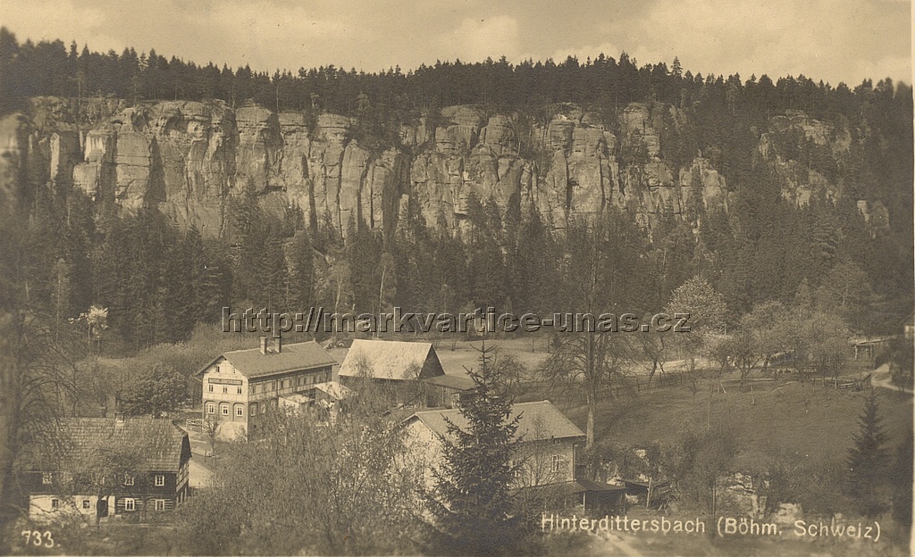 Zadní Jetřichovice
odesláno 5.10.1923, psáno česky

733. Gasthof Hirsch

Hinterdittersbach

Hinterhermsdorf i. S.

telefon 9