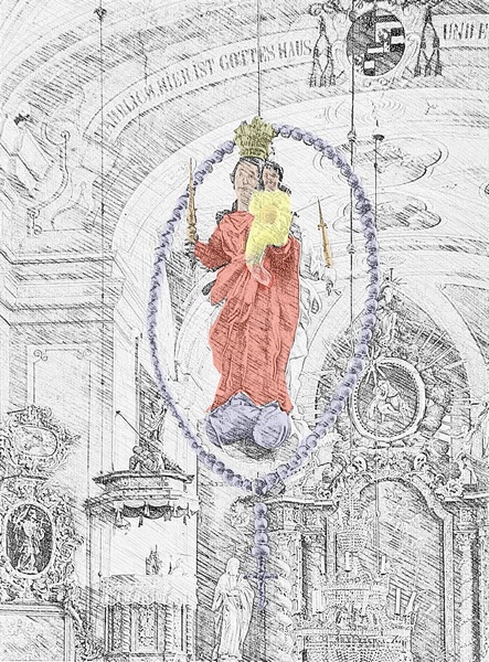 Stav před rokem 1960
kresba dle dokumentace NPÚ - socha Panny Marie, kazatelna, hlavní oltář, nápis dnes opět obnovený