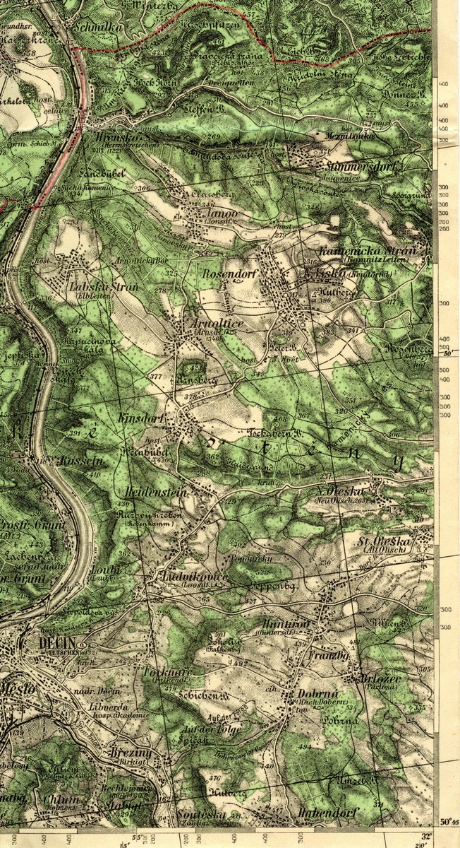 Růžová - historická mapa Historická mapa s dvojjazyčnými místními názvy - Růžová, Rosendorf