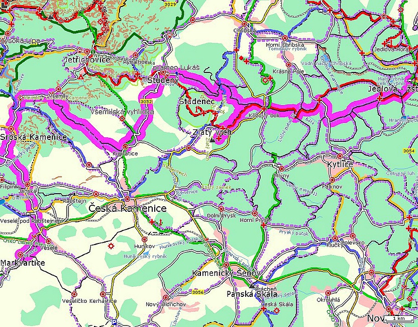 mapa trasy - jižní varianta - kolem tří potoků a druhou všemilskou soutěskou
