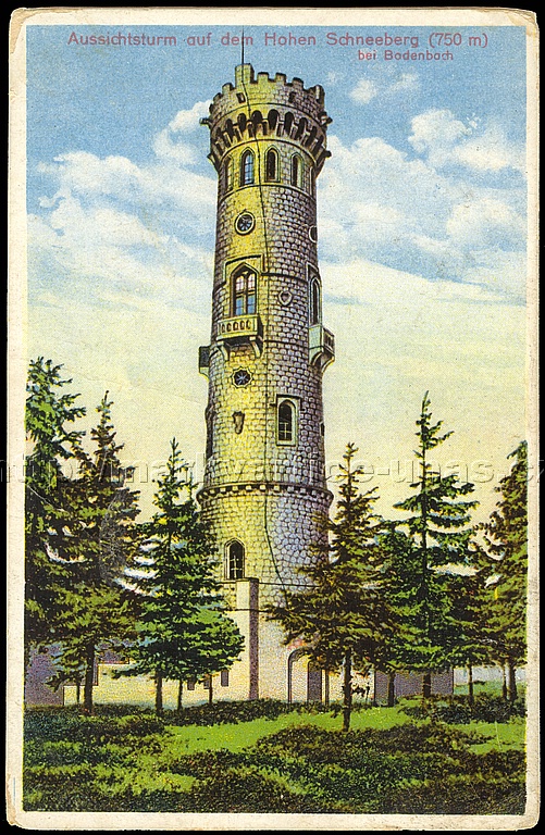 Rozhledna na Dnskm Snnku (750m)
nedatovno, ped rokem 1918
Aussichtsturm auf dem Hohen Schneeberg (750m) bei Bodenbach
Verlag Doerner, Hoher Schneeberg
Ed. Strache, Warnsdorf