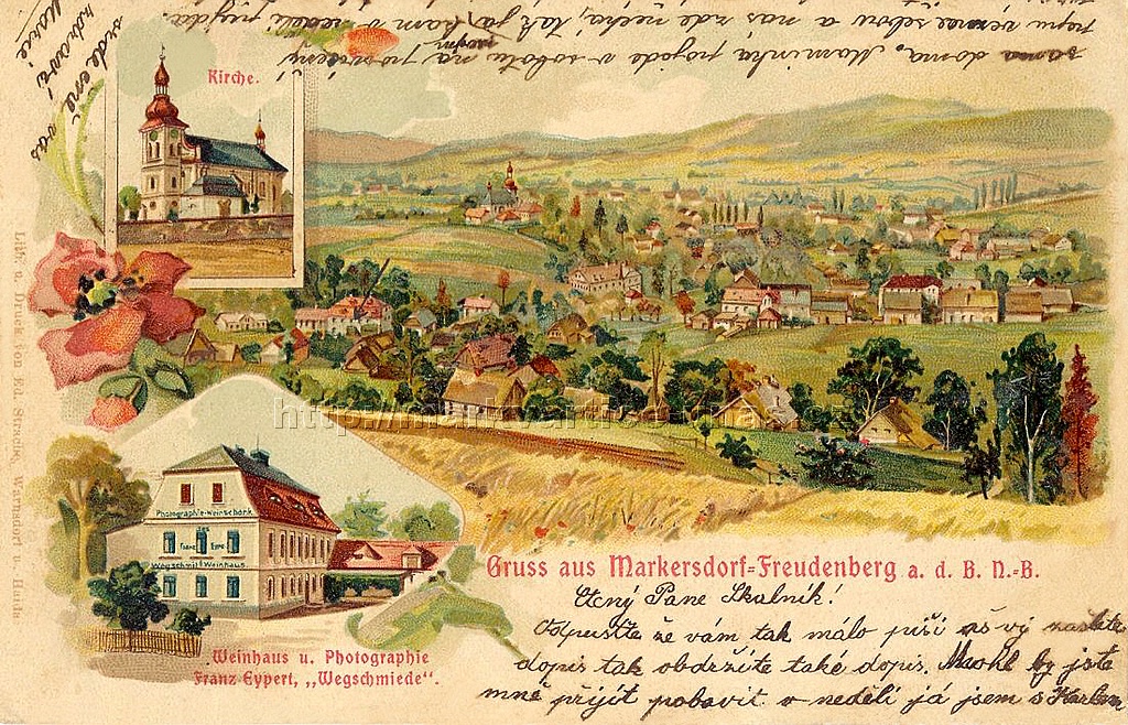 Markvartice a Vesel
ped rokem 1918, psno esky

Gruss aus Markersdorf-Freudenberg

Weinhaus u. Photographie

Franz Eypert, 'Wegschmiede'